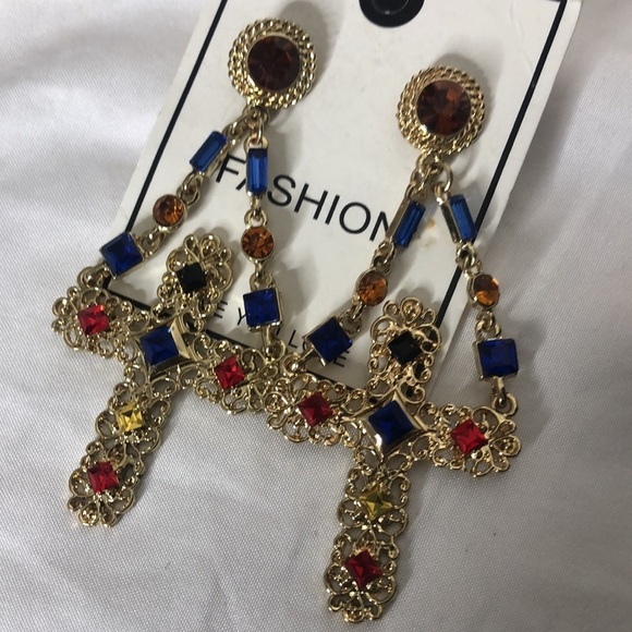 Fashion gem gold cross earrings - Picture 3 of 5